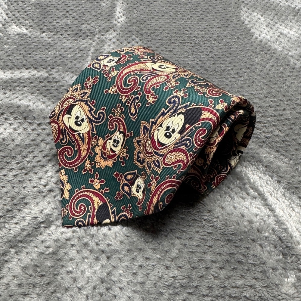 Mickey & Co Balancine Disney‎ Mens Silk Tie Paisley Mickey Mouse Green Burgundy
